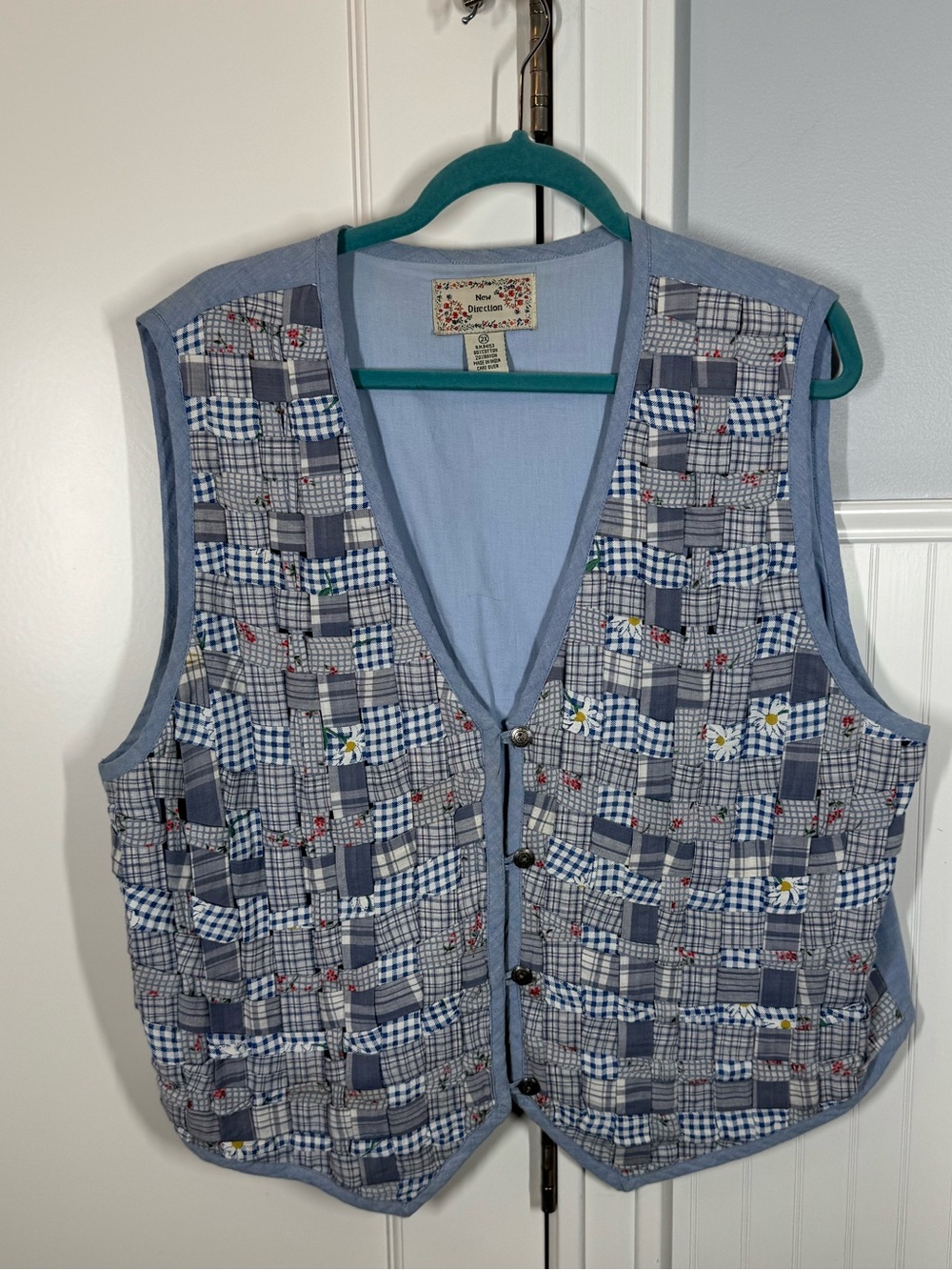 New Direction Patchwork Vest Womens 2X Blue Good Boho Cottagecore Floral Plaid